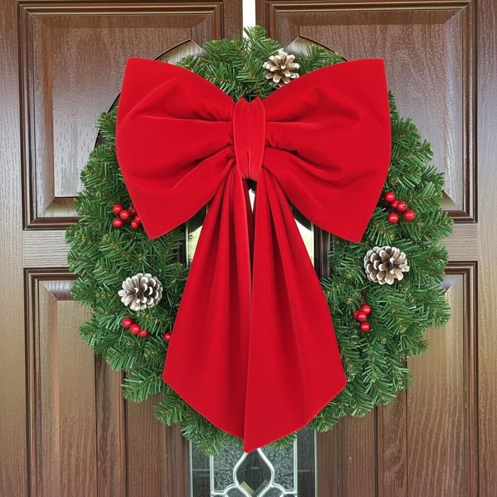 Red Velvet Velour Christmas Bow Size Medium 13x19 Inches For Wreath, Stairway